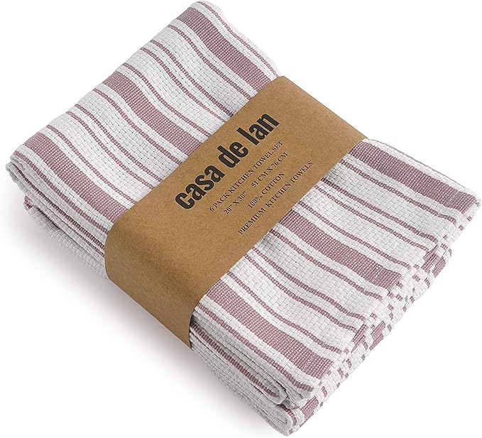 Kitchen Towels Set – Pack of 6 (20’’ x 30’’) Extra Large Premium Cotton Dish Towels for Kitchen – Basket Weave Towels – Absorbent – 100% Cotton – with Hanging Loop – Dark Pink