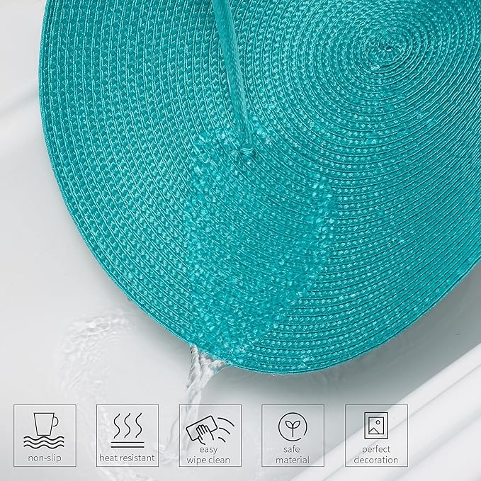 AHHFSMEI Round Placemats Set of 6 Heat Resistant Washable Non-Slip Woven Braided Table Mats for Dining Table Kitchen & Home Decor (Turquoise)
