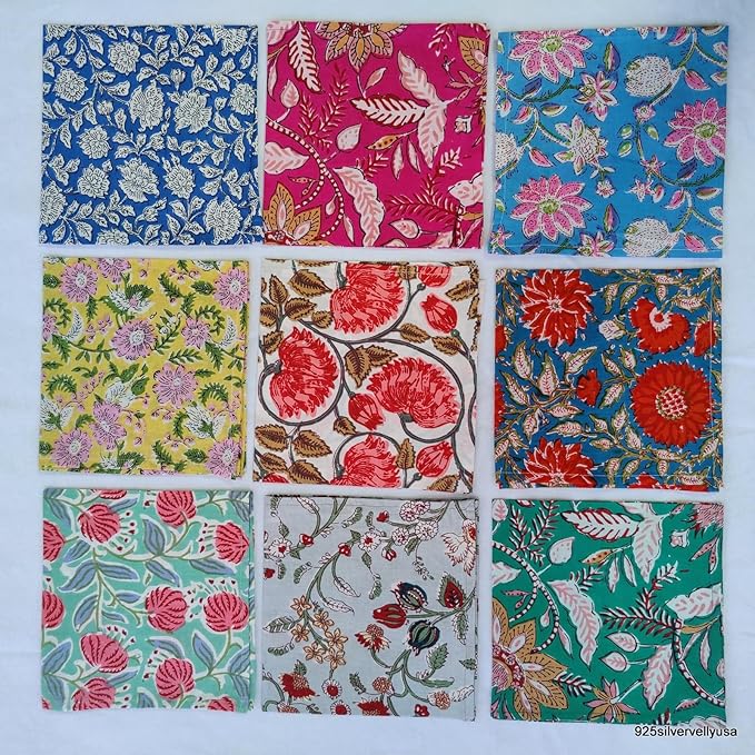 INDIANHANDICRAFTS 10 Pc Mix Lot Hand Block Print Napkin, 100% Cotton, 16x16 Inch, Multicolor Floral, Square, Napkin