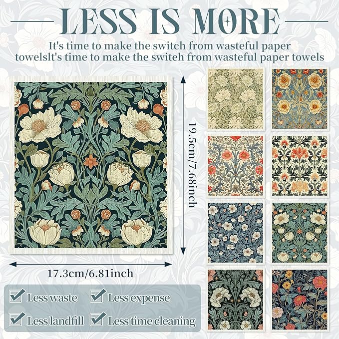 Tegeme 8 Pcs William Morris Swedish Dishcloth Kitchen Vintage Floral Dish Towels Blue Green Flower Kitchen Dish Cloth Washable Absorbent Cotton Towels for Spring Summer Housewarming Gift, 6.8 x 7.7''
