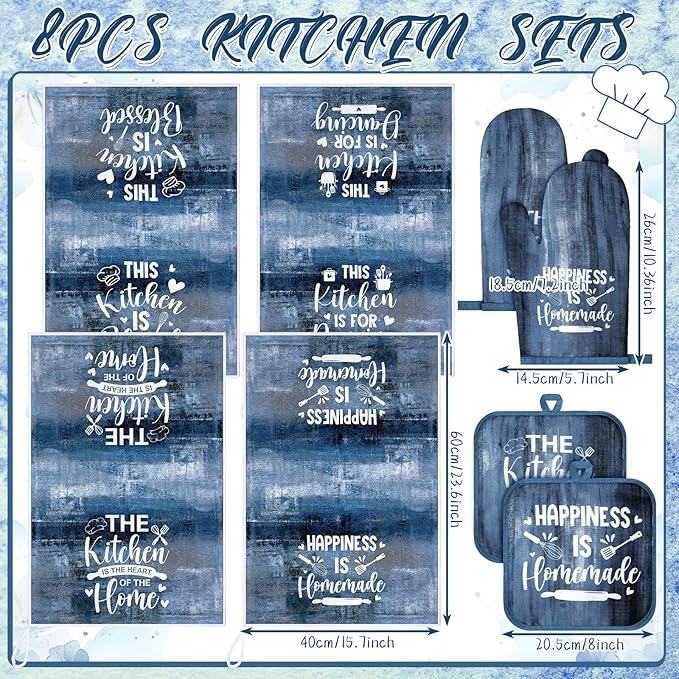 Fourluoo 8 Pcs Blue Kitchen Towels and Dishcloths Sets Oven Mitts and Pot Holders Sets Absorbent Kitchen Gloves Potholders Heat Resistant for Chef Baking Cooking
