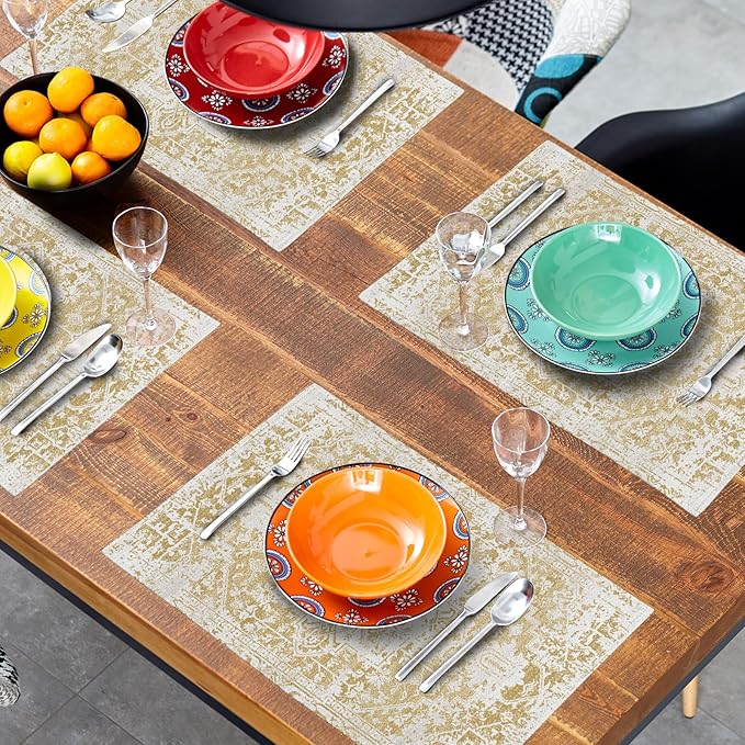 aportt Gray Tan Boho Placemats Set of 6 Ethnic Bohemian Carpet Place Mats Washable Kitchen Dining Vintage Grey Geography Floral Linen Table Mats Stain Heat-Resistant for Home Party Indoor 12x18 in