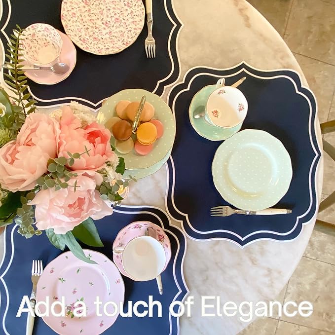 Cotton Linen Placemats Set of 4 - Double Layered, Machine Washable, Wrinkle Resistance, Scalloped & Embroidered Cloth Table Mats - Wedding, Indoor Mat, Giftable, 19 x 17 inch, Navy