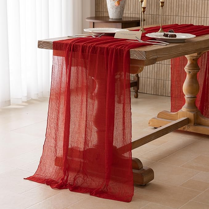 Keketoarrange 10pcs Red Cheesecloth Table Runner Cheese Cloth Rustic Gauze Table Runner 120 Inch 10 FT for Wedding Baby Bridal Shower Sheer Boho Holiday Spring Home Decorations