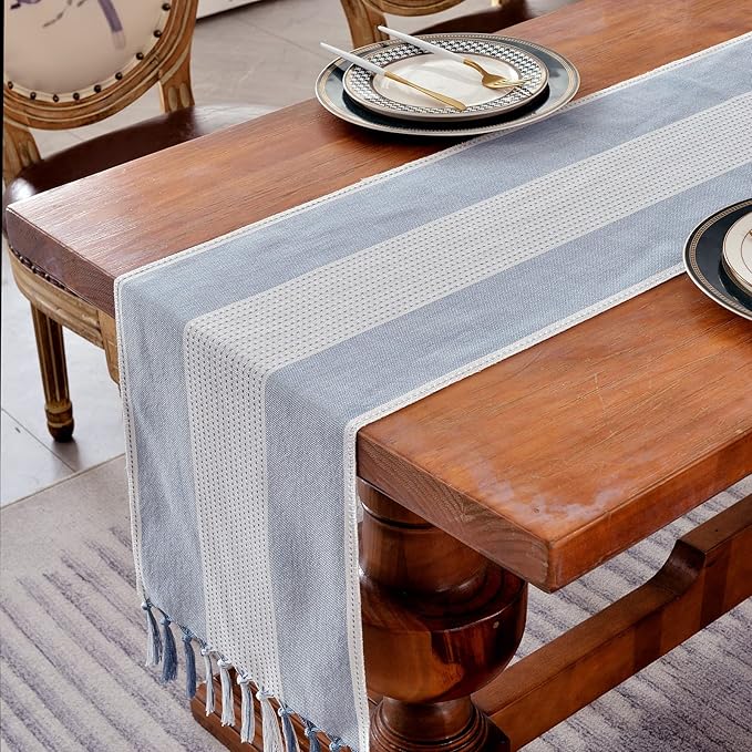 Wracra Linen Table Runner, Farmhouse Macrame Table Runners 60 Inches Long for Dining Table Decor, Wedding, Party and Dresser Decor (Blue,60")