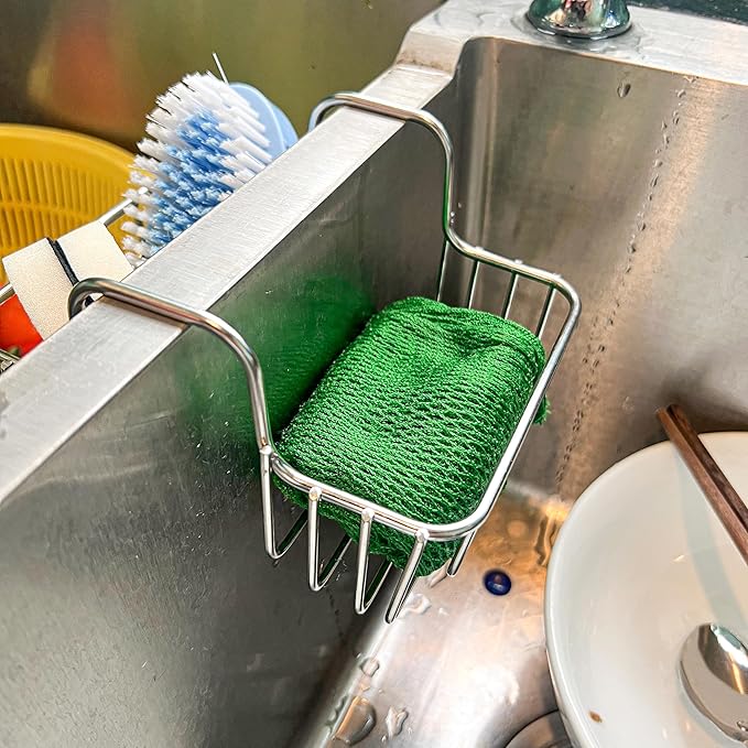 BuleVina Stainless Steel Sponge Holder for Kitchen Sink - Never Rust Hanging Saddle Double for Soap Kitchen Sink Caddy 2.2 inch, Rustproof Organizer for Dishwashing and Brush Drying