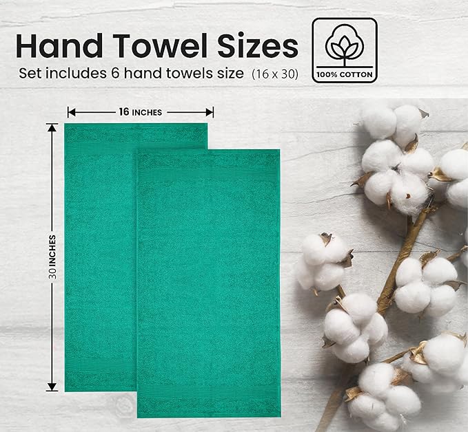 Premium Hand Towels Pack of 6 (16" x 30”) 100% Combed Ring Spun Cotton | Highly Absorbent Hand Towels Set | Ultra Soft for Home, Gym & Spa (Sea Green)