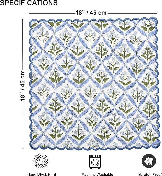 Ridhi Hand Block Print Light Steel Blue 18" x 18" (Set of 4) Embroidery Table Napkins Reusable Cotton Dinner Napkins for Weddings, Parties, Everyday Dining Gift for Spring, Easter, Valentine
