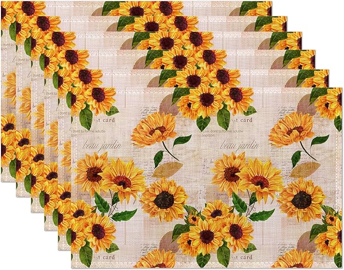 Yellow Watercolor Sunflowers Placemats Set of 6, 12x18 Inch Waterproof Stain Resistant Linen Table Placemats Summer Seasonal Farmhouse Kitchen Party Decor Home Decor
