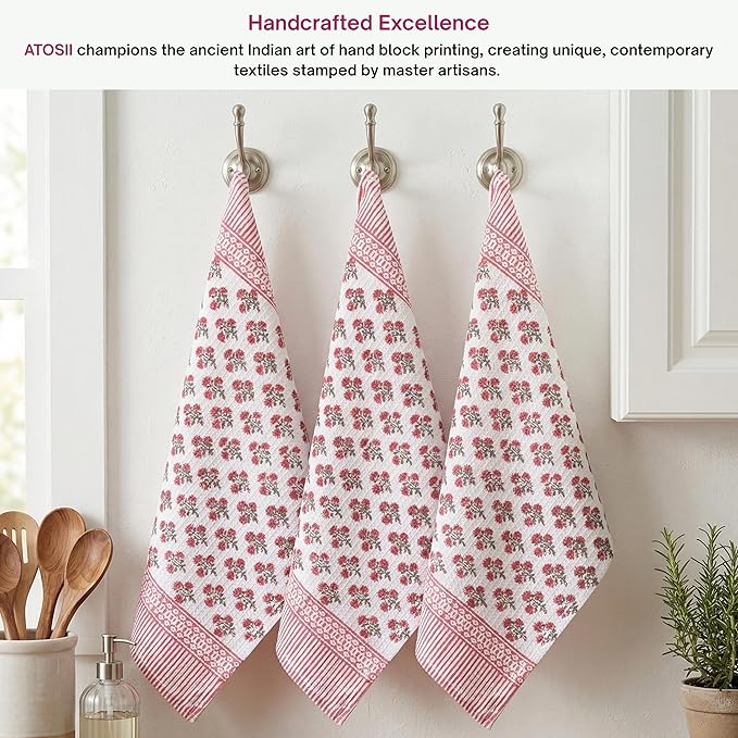 ATOSII 100% Cotton Hand Block Print Waffle Kitchen Towel, Set of 3, 18 x 26 Inches Ultra Absorbent Quick Dry Dish Towels, Reusable Sustainable Tea Towels for Cleaning and Drying, Gulbahar Pink