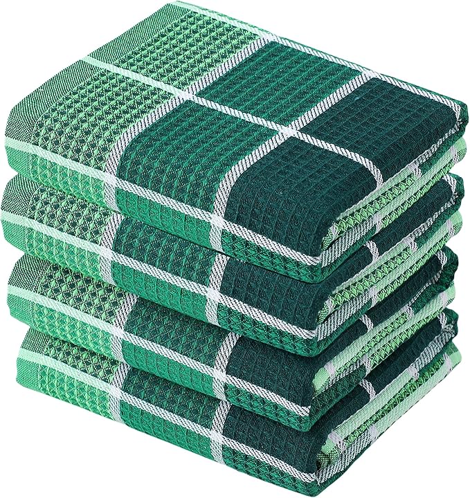 Bright Large Kitchen Towels, 4-Pack, 16 Inch x 26 Inch Buffalo Check Dish Towels for Washing Drying Dishes, Colorful Waffle Design Tea Towel Bar Towel (Green)