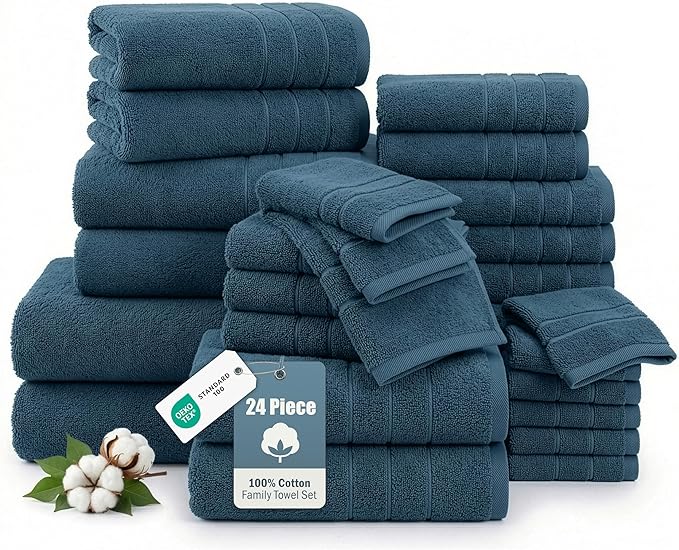 100% Mercerized Cotton Bathroom Towel Sets of 24 - 2 Bath Sheets, 2 Gym Towels, 2 Bath, 4 Fingertip, 6 Hand, 8 Washcloths, Quick-Dry, Luxuriously Soft & Durable, Perfect for Everyday use – Steel Blue