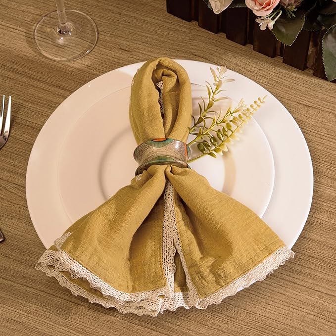 FINGERCRAFT Dinner Cloth Napkin Cotton Muslin Double Gauze 12 Pack with Classic Lace for Everyday Use, Wedding, Party, Christmas, Easter Napkins Cloth are Pre Shrunk and Good Absorbency Gold