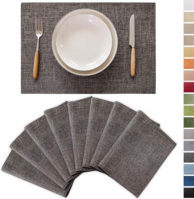 Demetex Grey Linen Placemats Set of 8 Stain Resistant Fabric Place Mats Classic Plate Mats for Kitchen Dining Table Decor, 13x19 inch, Dark Grey