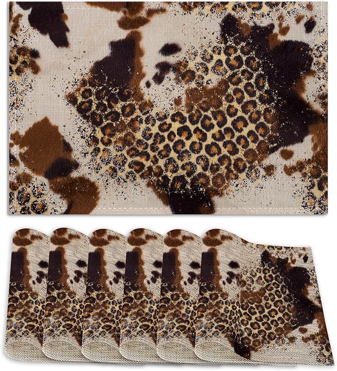 Cowhide with Glitter Leopard Print Place Mats Set of 6, Table Mats,Heat Insulation Non Slip Washable Dining Placemats for Wedding Holiday Party Kitchen Decor 12X18 in