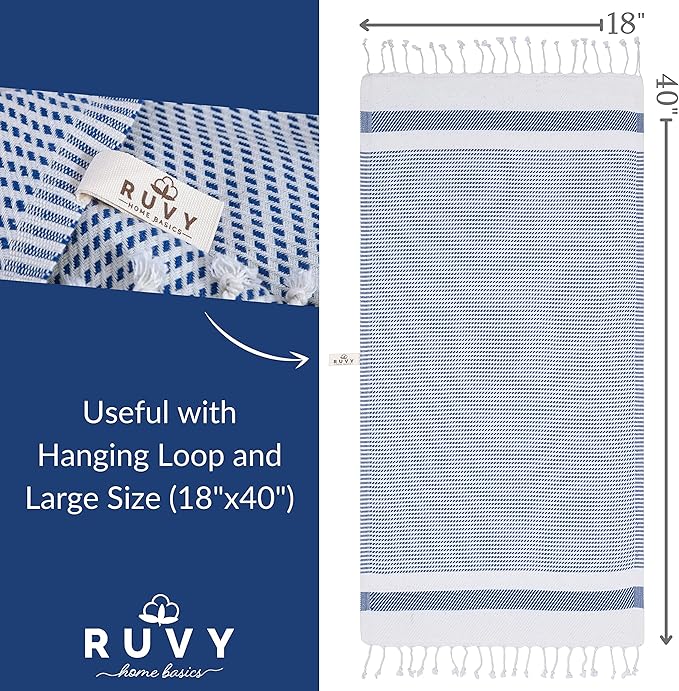 Ruvy Home Basics Turkish Hand Towels for Bathroom Set of 2 | 18"x40", Cotton | Decorative Towel for Bathroom, Kitchen, Dishcloth, Tea, Yoga, Face, Gym - Navy