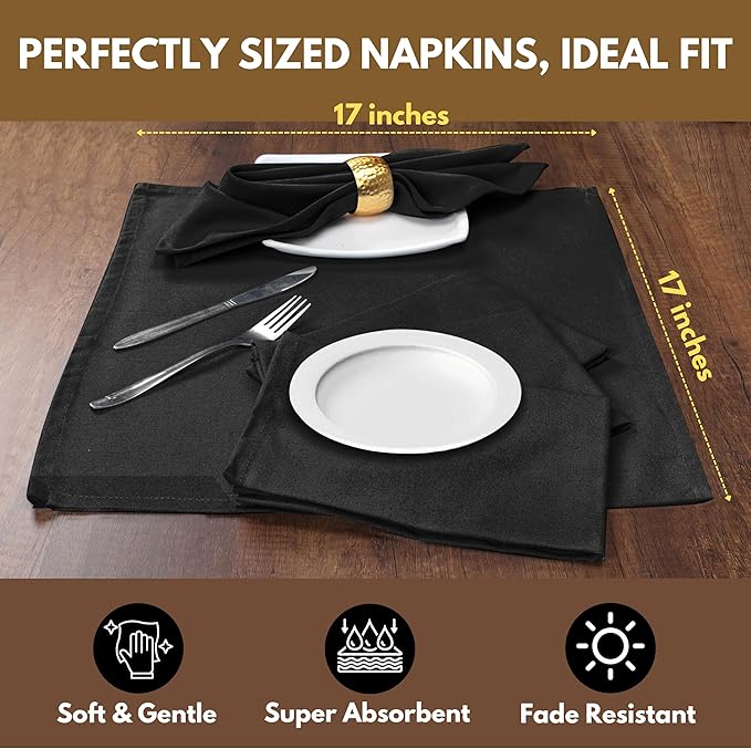 Native Fab Cloth Napkin Set of 12, 100% Cotton, Washable, Reusable Dinner Cloth Napkin 17x17 inches, Table Decor Napkins for Dinner, Events, Black