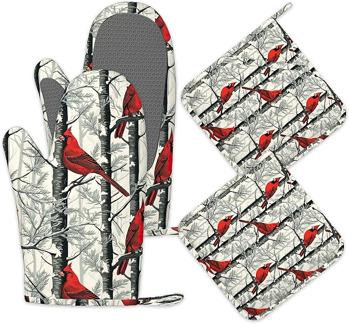 Red Cardinal Birds Oven Mitts and Pot Holders Set of 4,Kitchen Glove Heat Resistant Oven Mitts with Non-Slip Silicone for Baking, Cooking, BBQ