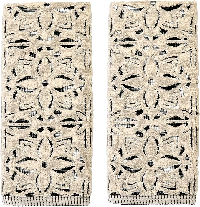 SKL Home Lisbon 100% Cotton Premium 2-Piece Hand Towel Set, 600 GSM, Reversible Jacquard, Soft & Absorbent, Decorative for Bath/Kitchen/Bar & Gift, Black