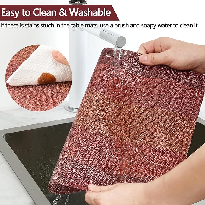 SLKQG Placemats Set of 8 - Easy Clean Washable Vinyl Placemats - Wipeable Heat Resistant Table Mats for Dining Table - 17.7x11.8 Inch (8, Red Gradient)