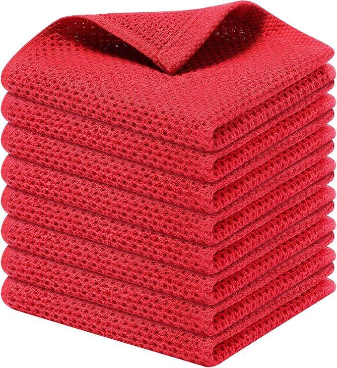 Kitinjoy 100% Cotton Kitchen Dish Cloths (12 X 12 Inches, Red), 8 Pack Waffle Weave Ultra Soft Absorbent Dish Towels for Drying Dishes Quick Drying Kitchen Towels Dish Rags