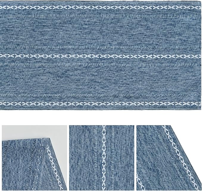 Artoid Mode Blue Rustic Cotton Linen Table Runner, Seasonal Embroidered Hollow Kitchen Dining Table Decoration for Home Party Decor 13x108 Inch