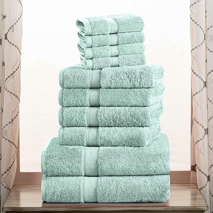 SUPERIOR Egyptian Cotton Pile 10 Piece Towel Set, Includes 2 Bath, 4 Hand, 4 Face Towels/Washcloths, Ultra Soft Luxury Towels, Thick Plush Essentials, Guest Bath, Spa, Hotel Bathroom, Sea Foam