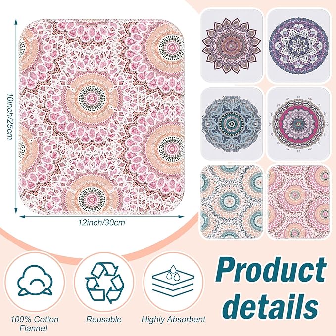 Redbaker 30 Pcs Reusable Paper Towels Rolls Kitchen Towels Bulk Washable Paperless Cloth Cotton Hand Napkins with Cardboard Reusable Napkins for Kitchen Bathroom (Mandala)