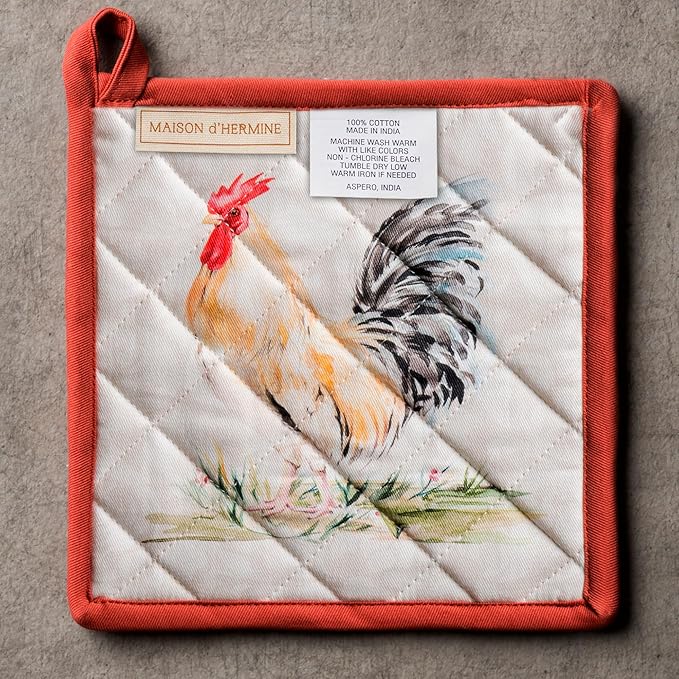 Maison d' Hermine Pot Holders 100% Cotton Heat Resistant Potholders 8" x 8" Hot Pads with Loop BBQ Cooking Baking Gifts for Mothers Day Handling Hot Pans Spring/Summer (Pack of 2, Campagne)