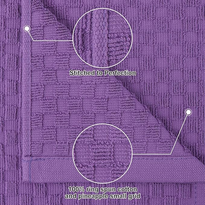 Homaxy 100% Cotton Terry Kitchen Towels(15" x 25", 6 Pack), Soft and Super Absorbent Dish Towels, 380 GSM Reusable Tea Towel with Hanging Loop, Pineapple Grid Designed, Purple