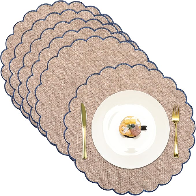 Set of 6 Round Placemats 15 Inch Cotton Scalloped Embroidery Placemat Washable Double Layered Rustic Dinner Table Mat Decor Fabric for Hotel Restaurant Kitchen(Flaxen/Blue,Classic)