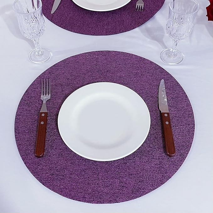 SLOW COW Set of 4 Linen Round Placemats for Dining Table Place Mats 15 inch Washable Purple