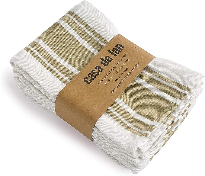 Kitchen Towels Set – Pack of 6 (20’’ x 30’’) Extra Large Premium Cotton Dish Towels for Kitchen – Super Striped Towels – Absorbent – 100% Cotton – with Hanging Loop – Beige