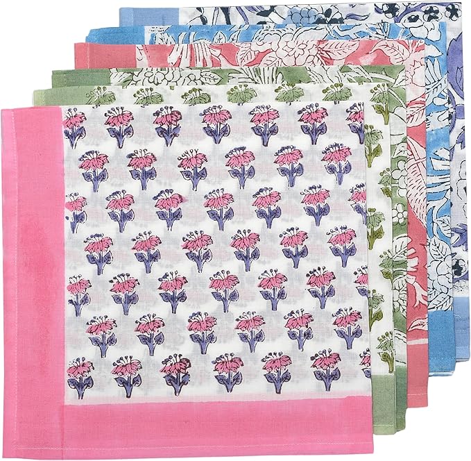 CPC Mix Border Indian Block Print Cotton Cloth Napkins Set of 4, 18x18 Reusable Everyday Napkins, Soft, Absorbent, Floral Dinner Napkin, Holiday, Party Gift, Spring,Mother's Day