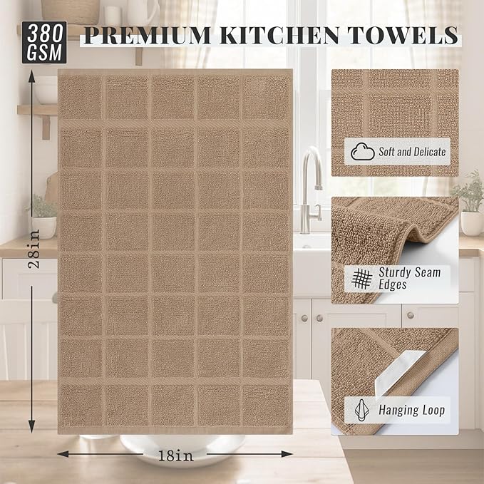 Homaxy Premium Kitchen Towels 18"x28", 6 Pack Large Cotton 380 GSM Dish Towels, Soft and Absorbent Kitchen Hand Towels with Terry Grid Design, Utility Tea Towel Set with Hanging Loop, Khaki