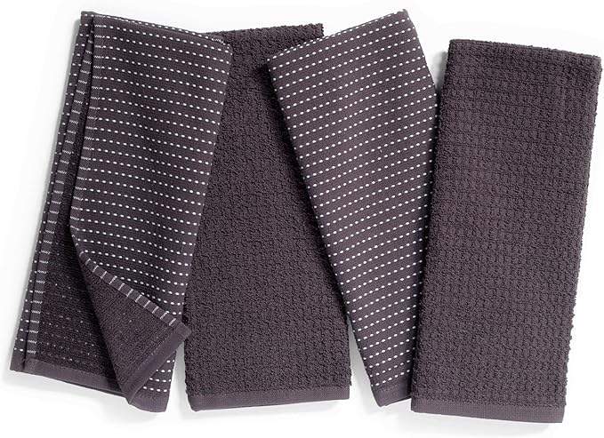 Thyme and Sage 100% Cotton Premium Turkish Kitchen Hand Towel Set, 16"x26", Ultra Absorbent, 350 GSM, Earl Gray, Pack of 4