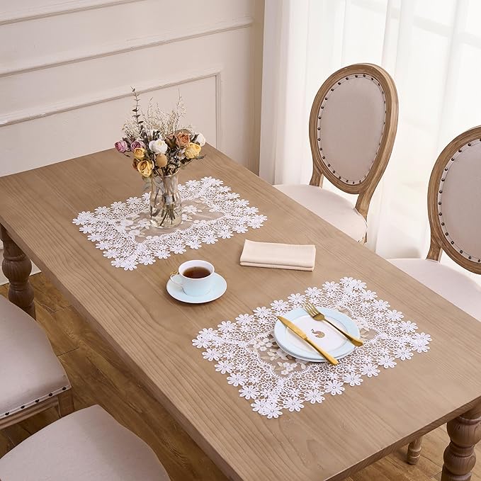 White Ivory Gold Floral Lace Placemats 14”x20” Set of 2, Table Topper Dresser Scarf Place Mats(Set of 2, White & Ivory)