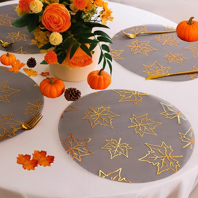 Snowkingdom 24 Pcs Fall Placemats, Black Gold Metallic Maple Leaves Thanksgiving Decoration, 13 inch Round Disposable Placemats, Golden Charger Kitchen Dining Table Mats for Autumn Harvest Party Decor