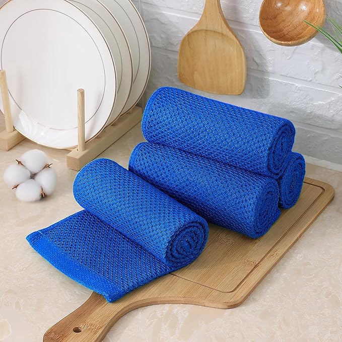Kitinjoy 100% Cotton Waffle Weave Kitchen Hand Towels (13 X 28 Inches, Blueberry), 4-Pack Super Soft and Absorbent Dish Towel for Drying Dishes