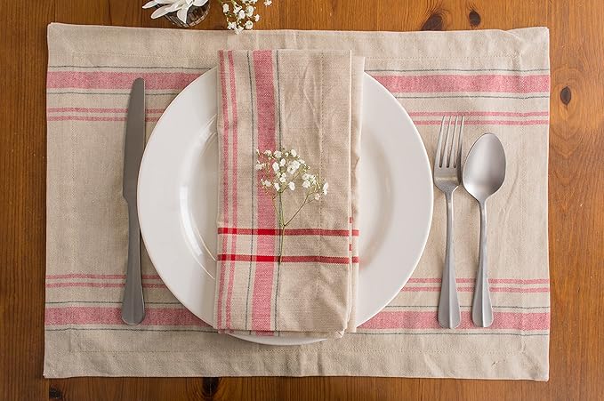 DII French Stripe Tabletop Collection Farmhouse Style Dining Table Linen Napkin Set, 20x20, Taupe/Red, 6 Piece