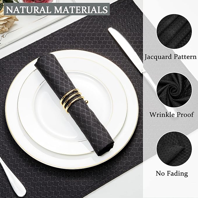 Cloth Napkins Set of 8 – Square 17x17 Inch Jacquard Fabric Polyester Washable Reusable Cloth Napkins for Kitchen Dinner Dining Restaurants Wedding Party Banquet Table (Black)