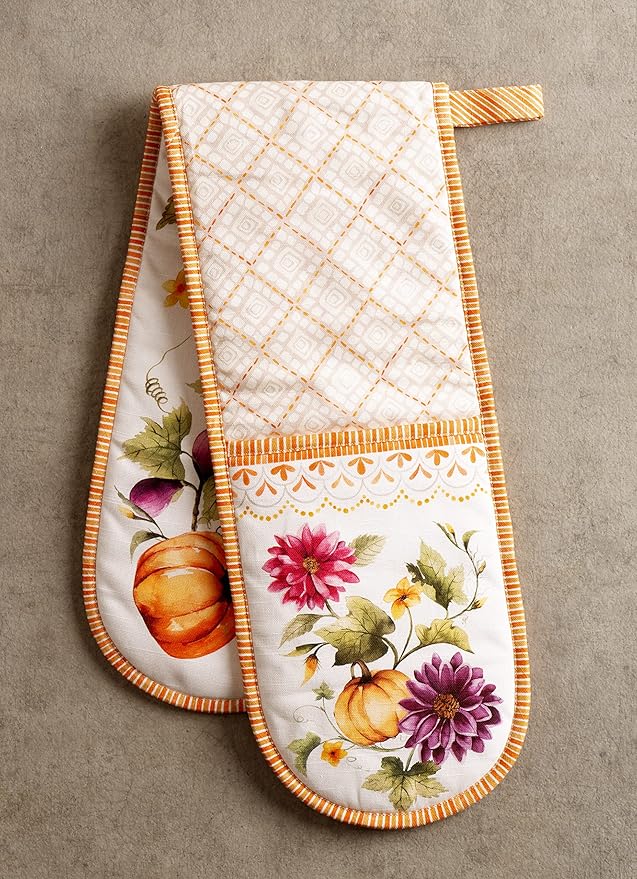 Maison d' Hermine Double Oven Mitt (7" x 35") 100% Cotton Heat Resistant BBQ Cooking Gloves with Loop for Thanksgiving Christmas Decorations Cooking Handling Hot Pan (Pumpkin Garden - Cloudy Cream)
