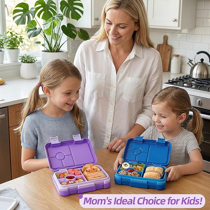 Bento Lunch Box for Kids, 6 Compartments BPA Free, Dishwasher Safe Back to School Snack Bento Lunch Containers Boxes, Ideal Portion Sizes for On-the-Go Meal, Ages 3+, School, Purple