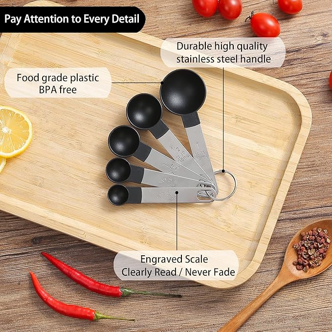 Measuring Cups and Spoons Set of Huygens Kitchen Gadgets 10 Pieces, Stackable Stainless Steel Handle Measuring Cups for Measuring Dry and Liquid Ingredient (Black)