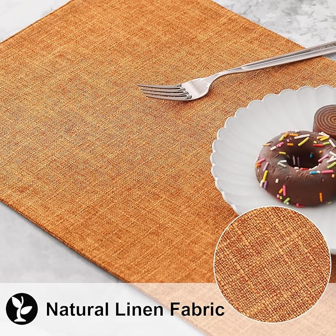 homing Cotton Linen Placemats Set of 6, Cloth Washable Farmhouse Dining Table Mats for Indoors & Outdoors, Easy to Clean, Orange, 13 x 19 Inch