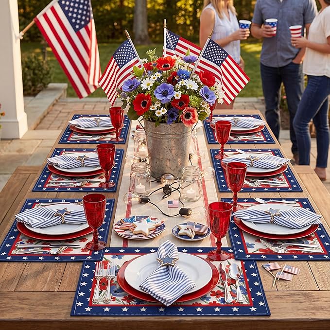 Patriotic Red White Blue Floral Placemats, USA 250th Anniversary 1776-2026 Independence Day Placemats, Watercolor Floral Patriotic Table Mats for 4th of July Memorial Day Party Decor, Set of 6