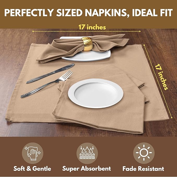 Native Fab Solid Cloth Napkin Set of 4, 100% Cotton, Washable, Reusable Dinner Cloth Napkin 17x17 inches, Table Decor Napkins for Dinner, Events, Beige