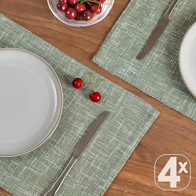 JINCHAN Burlap Textured Placemats Set of 4 Farmhouse Cloth Place Mats Table Mats Sturdy Fabric Placemats for Kitchen Dining Table Double Layer Heat Resistant Tablemats 13 x 19 Inch Green