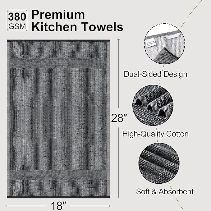 Mordimy Premium Kitchen Towels 8 Pack (18 x 28 Inches, Black), Large Cotton Kitchen Hand Towel, Flat & Terry Dish Towels for Drying Dishes, Super Absorbent Tea Dishtowels Set with Hanging Loop