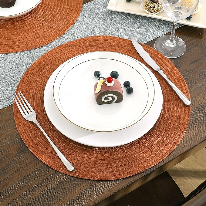 SHACOS Round Placemats Set of 8 Washable 15 inch Round Placemat Cotton Polyester Woven Braided Table Place Mats for Dining Table Wedding Party Decor, Dark Orange